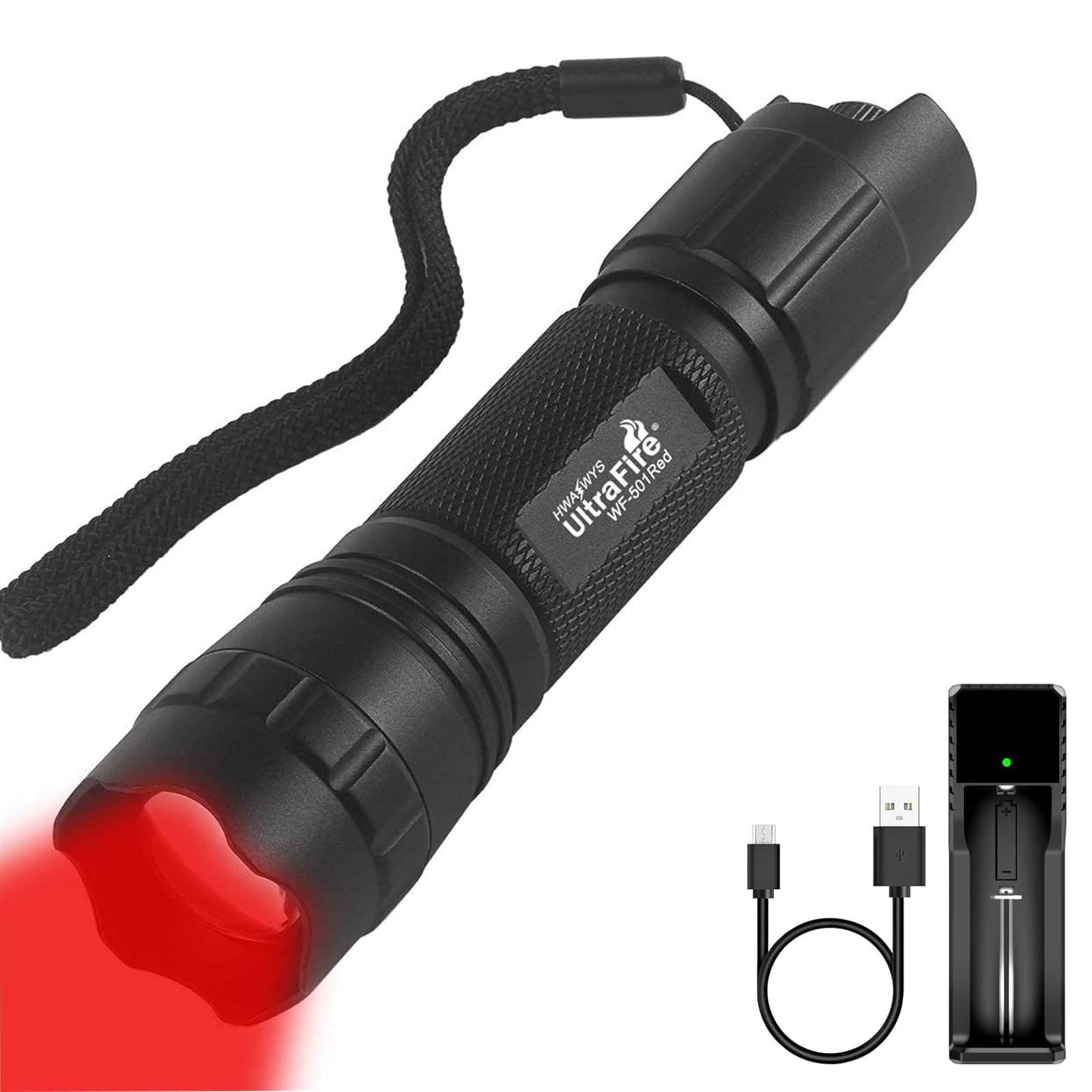 Ultrafire Black Red Light Led Torch 620-630Nm Red Hunting Torch, Stepless Dimming Zoomable Red Hunting Light For Night Vision, Astronomical Observations, 501R
