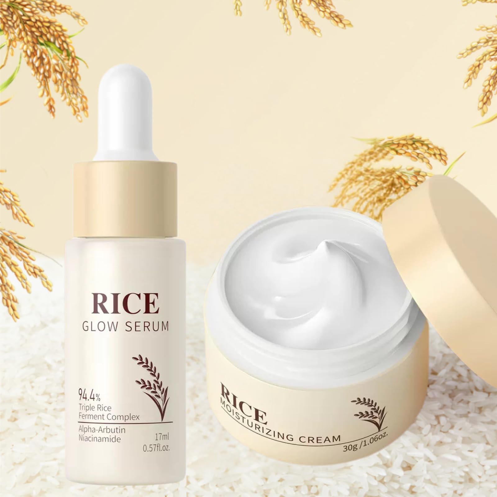 2PCS Korean Rice Skin Care Set,Korean Skincare,Brightening Serum & Hydrating Cream for Glowing Skin,Korean Glass Skin Care,Even Skin Tone