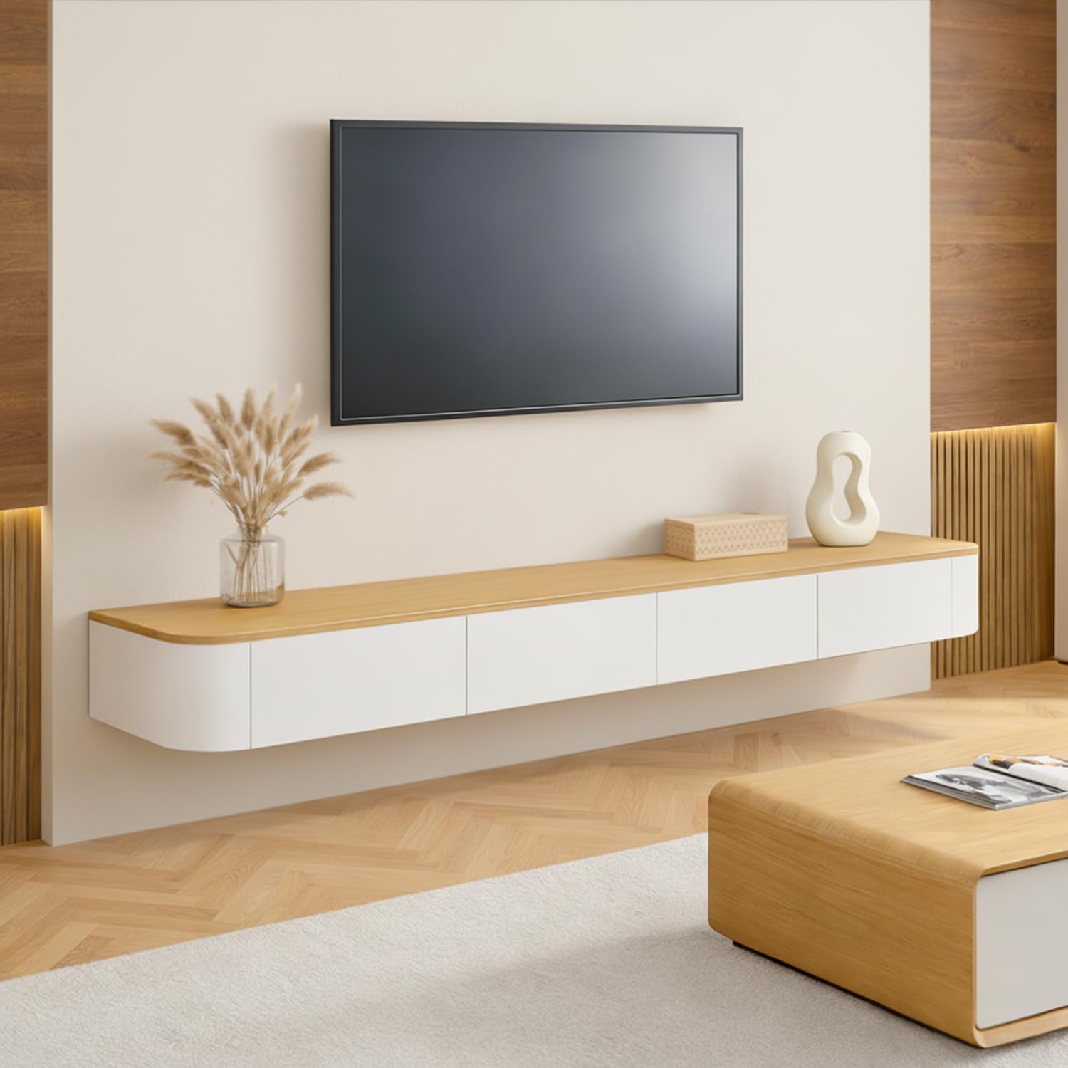 Ribanedy Modern Floating TV Unit | Wall-Mounted Entertainment Media Console | Large Storage TV Bench for Living Room & Office (Wood+White, 120cm)