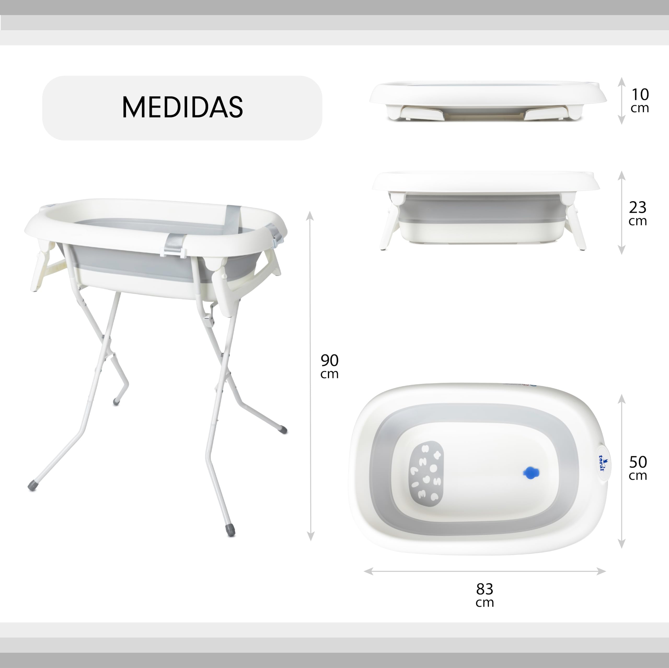 Toral Bañera Bebe con Patas y Cojín Comoda, Facil de Guardar, con Tapón y Patas Antideslizantes - Bañera Bebé Plegable Portatil - Asiento Bañera Bebe modelo Iris