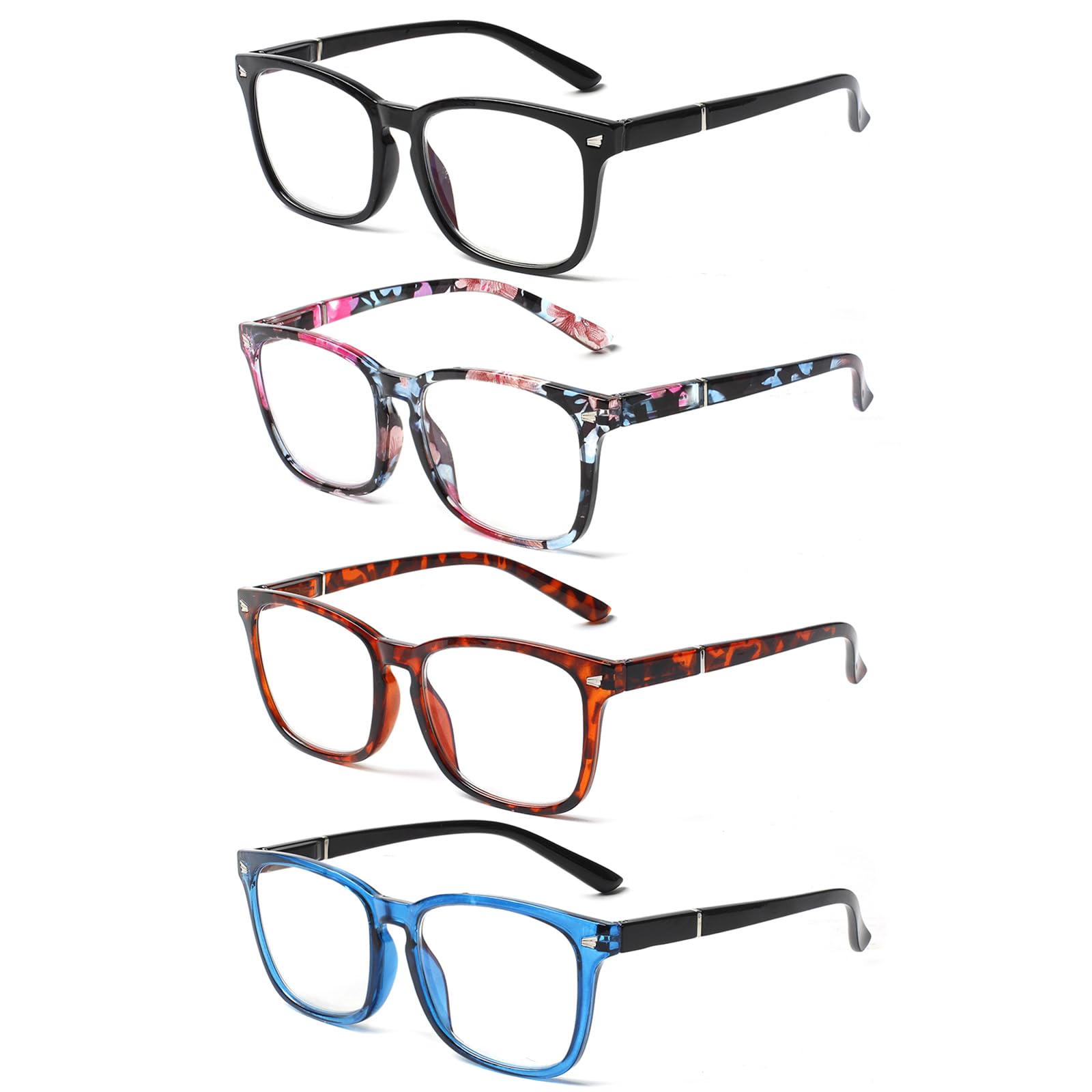 Henotin Paquete de 4 lentes de lectura con bloqueo de luz azul para mujeres y hombres, lectores de computadora con bisagra de resorte, antirayos UV, cuadrados, nerd