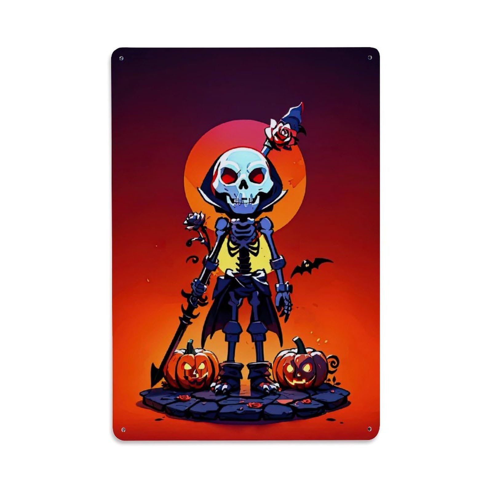 Halloween Pumpkin Retro Vintage Gothic Skull Roses Classic Metal Tin Sign Plaque Wall Decor for Cafe, Man Cave, Club Bar, Office, Home Garden Round Metal Poster 8x12Inch