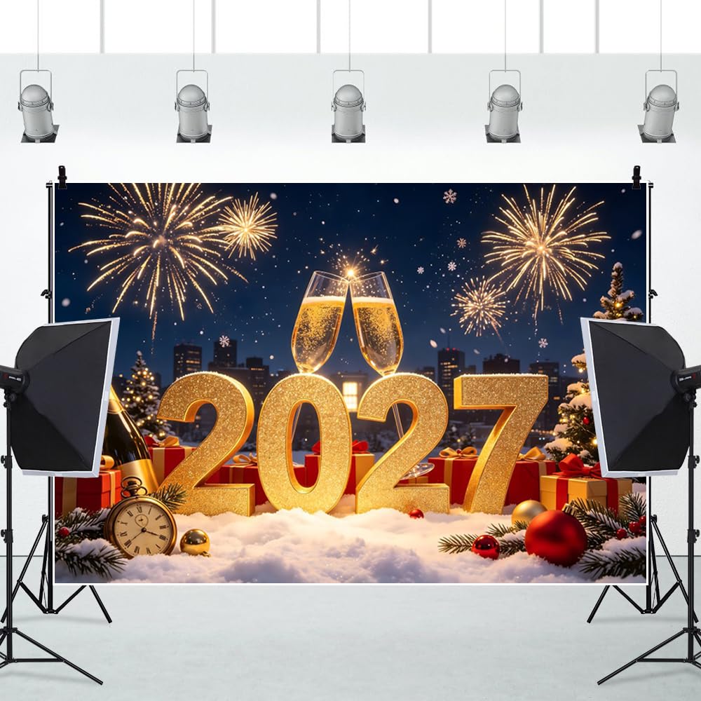 Sfondo fotografico per Capodanno 2027, 3 x 2,5 m, con spumanti d'oro, fuochi d'artificio innevati, città, notte, decorazione con alberi