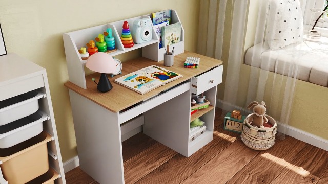 COSTWAY Bureau D'Étude Pour Enfants Avec Bibliothèque Et Tiroir - Réglable En Hauteur - Support De Livre Et Porte-stylo Bleu - Maison
