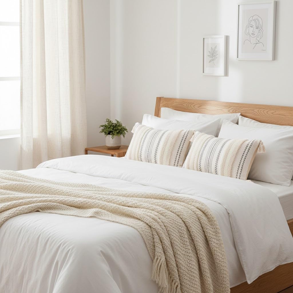 Set di 2 federe decorative per cuscini lombari in stile bohémien, per letto e camera da letto, federe in tessuto trapuntato, 30 x 50 cm, beige