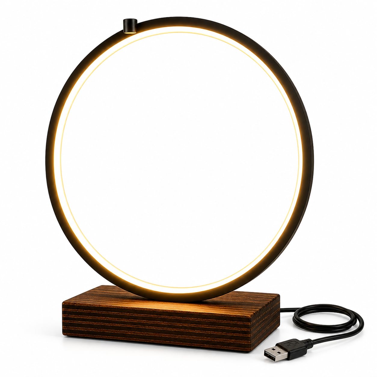 JRose Collections Modern LED Ring Table Lamp 32cm Halo Light with Wooden Base USB Powered Minimalist Desk Lamp Ambient Lighting for Bedroom Living Room Office Decor JR2531