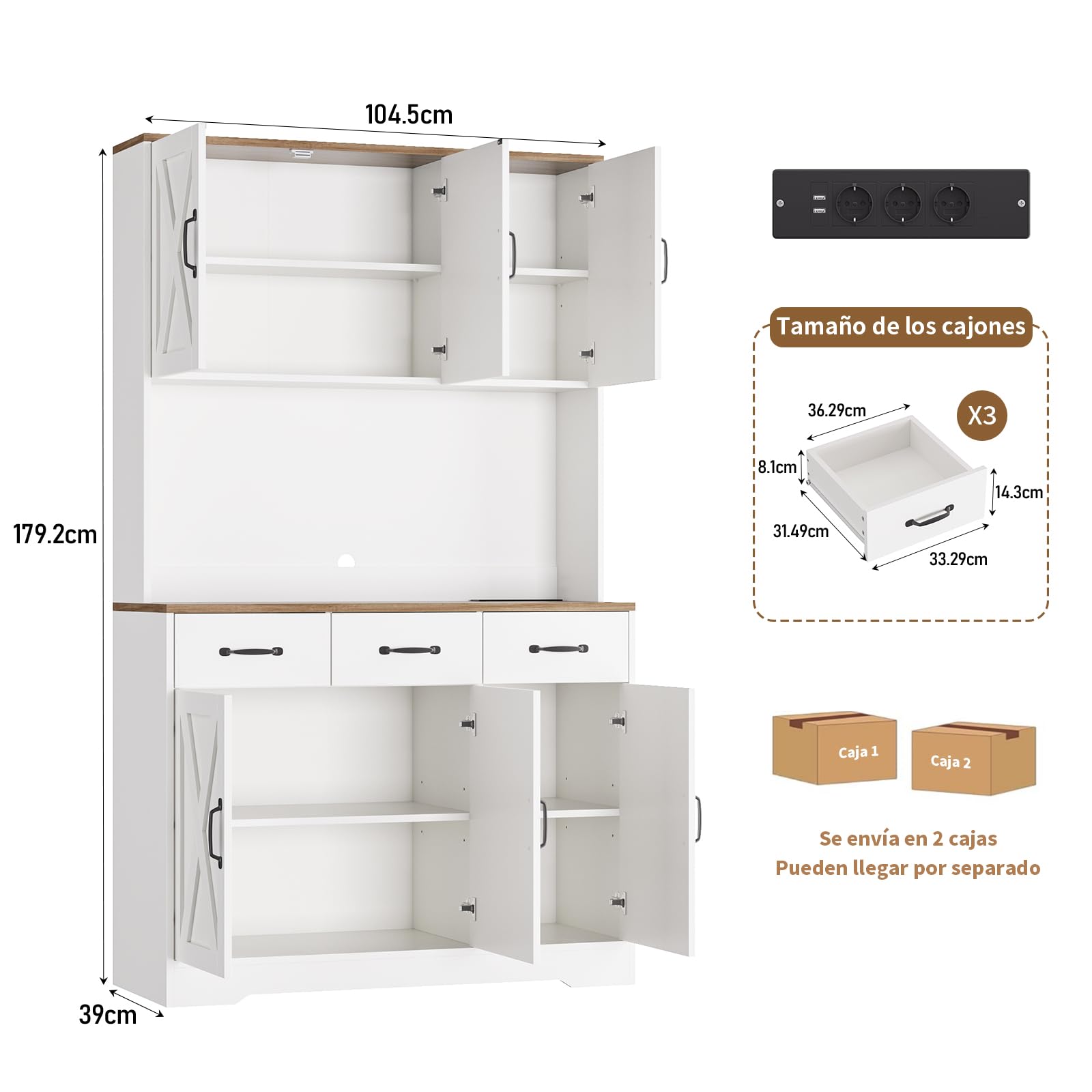 FUSOU Alacena de Cocina 180 cm con Enchufes Integrados, Armario de Cocina con Encimera, 3 Cajones y 4 Puertas, Mueble Auxiliar Estilo Rústico para Comedor, Blanco