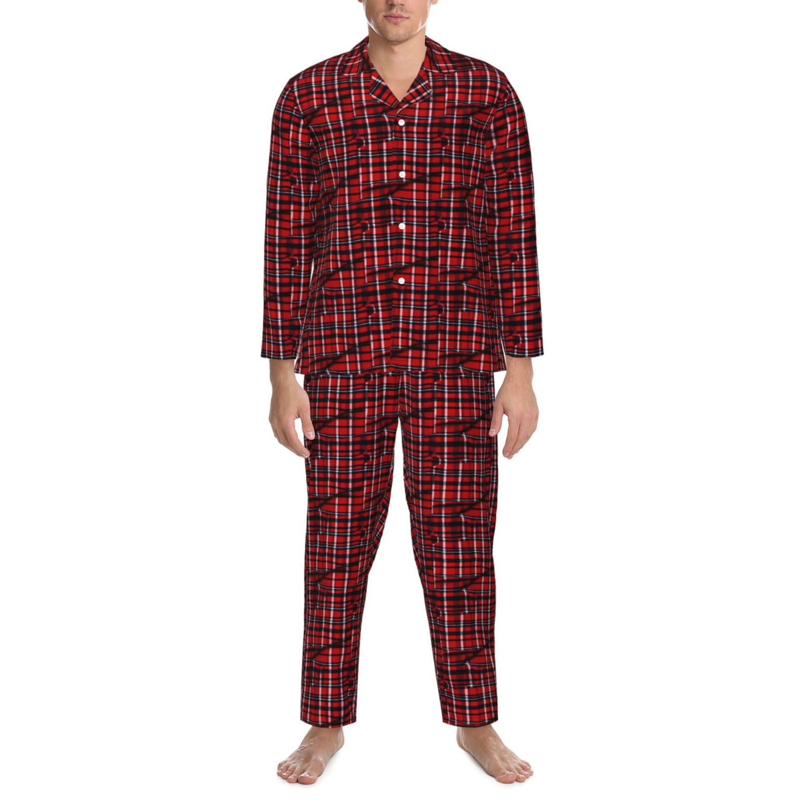 Herren-Pyjama-Set, langärmelig, kariert, zweiteilig, bequem, Nachtwäsche, Rot und Schwarz