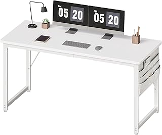 YeTom Desk, Computer Desk, PC Desk, Width 55.1 x Depth 23.6 inches 140 cm x Depth 23.6 inches 60 cm, Study Desk with Storage Bag, Study Desk with Hook, Easy Assembly, Telework, White