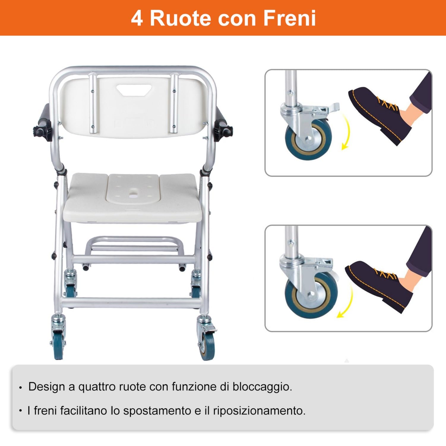 Sedia Doccia Anziani con Ruote Pieghevole, Carico 120 kg | Sedia da Doccia per Disabili con Ruote, Sedia da Bagno per Disabili Installazione Senza Attrezzi