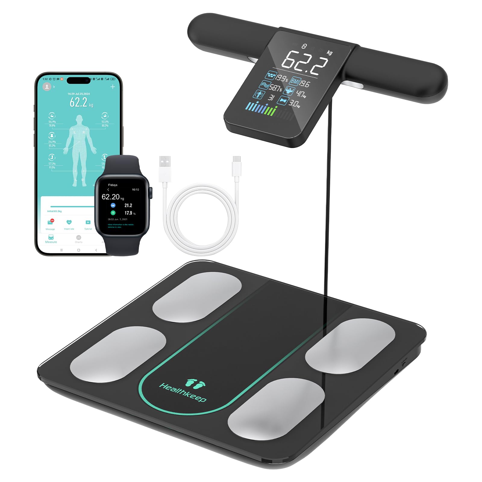 Healthkeep Waga osobowa połączona z miernikiem impedancji z 8 elektrodami 21 Wyświetlacz danych ciała VA Pomiar podwójnej częstotliwości BIA z aplikacją dla Andriod i iOS, Max. 180kg/400lb/28st