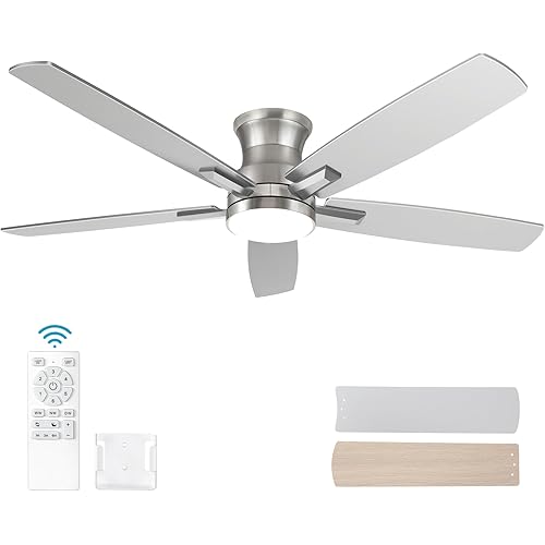 YUHAO 52 Inch Flush Mount Brushed Nickel Ceiling Fan with Light and Remote Control.Noiseless,Dimmable,3CCT,6 Speeds Reversible, Low Profile DC Ceiling Fans for Indoor Use
