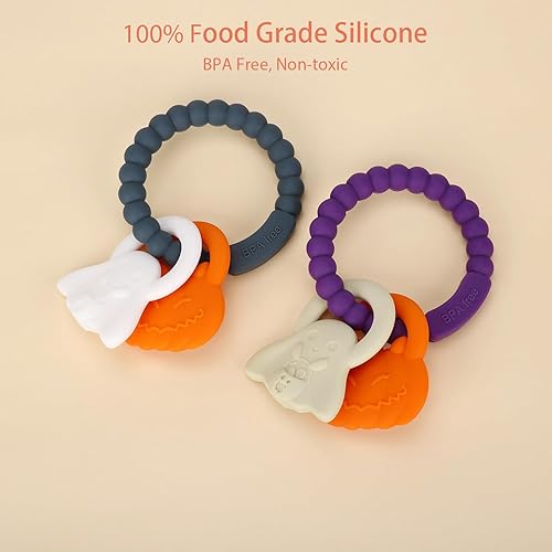 Miniatura 3 de Anillo de dentición de silicona, juguetes mordedores para bebés de Halloween con sonajeros de calabaza y fantasma, juguetes sensoriales para