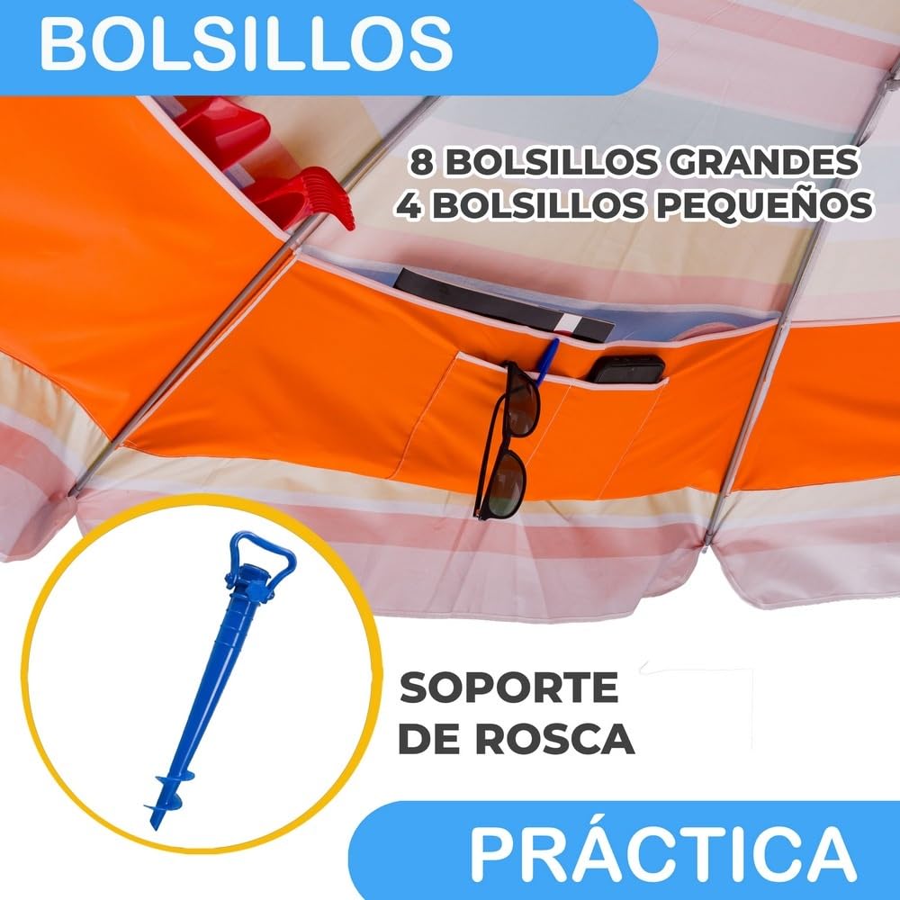 MONTY Sombrilla playa con soporte arena, bolsillos interiores, multicolor, revestimiento plateado UPF+50, techo antiviento, varillas flexibles fibra vidrio, mástil inclinable, regulable altura