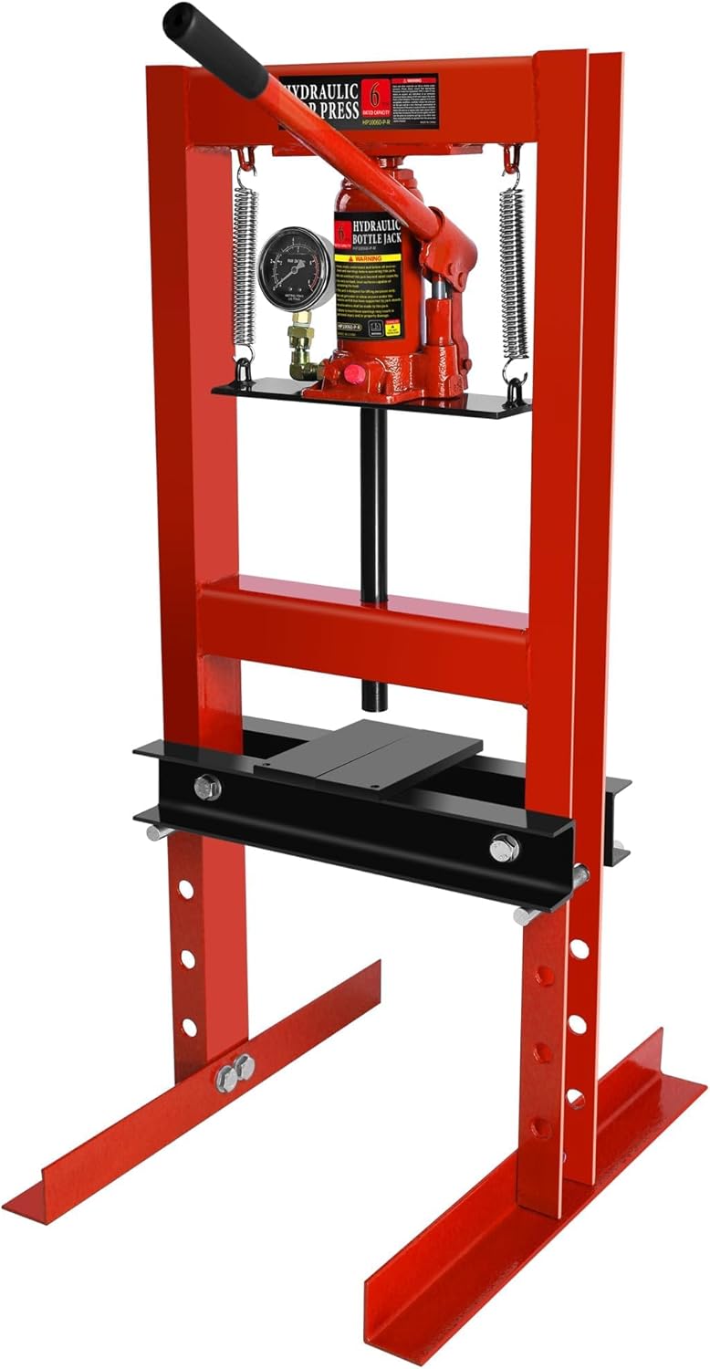 6 Ton Hydraulic Shop Press, Heavy Duty h-Frame Floor Stand Bench Press with Manual Jack, for Bearing Removal, Straightening, u-Joint, Punches & Rivets, Max 6-Ton Force, 2-Position Plates