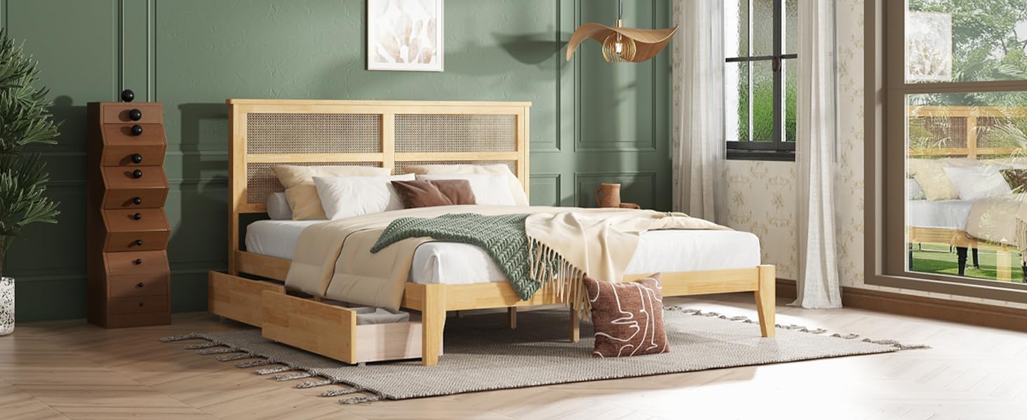 Ball & Cast King Size Platform Bed Frame with Two Storage Drawers,Rattan Headboard and Support Salts & Feet,Rubber Wood Bed with Underbed Storage Space,for Bedroom,Guest Room,Living Room,White Oak