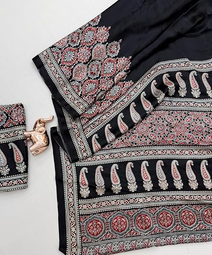 Image of SATIKA VASTRAM Modal Silk Ajrakh Saree Bandhani Design Crepe Printed Designer Pallu Attach Blouse Piece