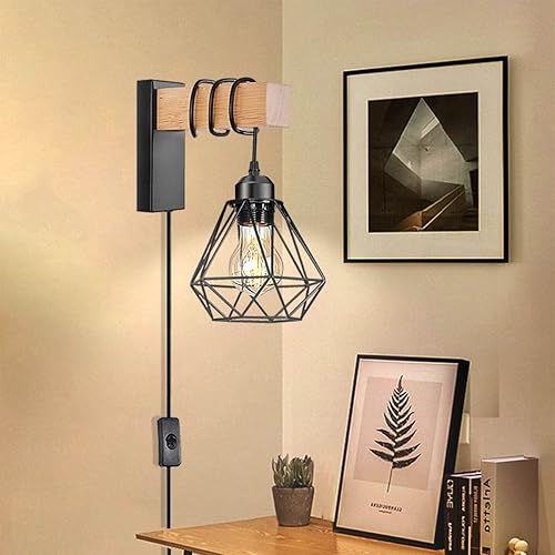 Miniatura 7 de Juego de 2 apliques de pared enchufables, luces de pared de granja con cable de enchufe, lámpara de pared rústica negra para dormitorio, mesita de