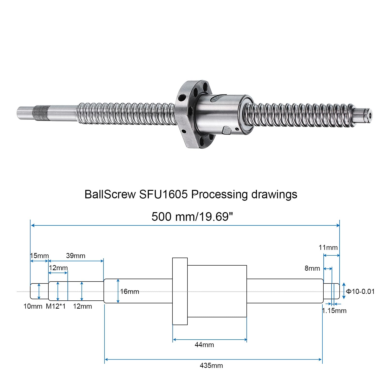 QUARKZMAN Vis à billes SFU1605 (Diamètre 16mm, Pas 5mm, Longueur 500mm) avec écrou de vis à billes Kit de vis à billes anti-jeu standard Usinage d'extrémité pour pièces de machine CNC