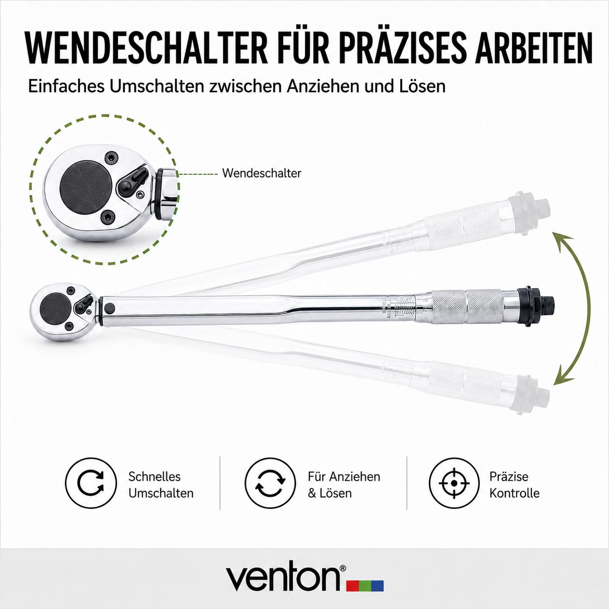 VENTON Klucz dynamometryczny 10-210 Nm zestaw 1/2" wraz z adapterem 3/8" | precyzyjne narzędzie samochodowe do wymiany kół z grzechotką
