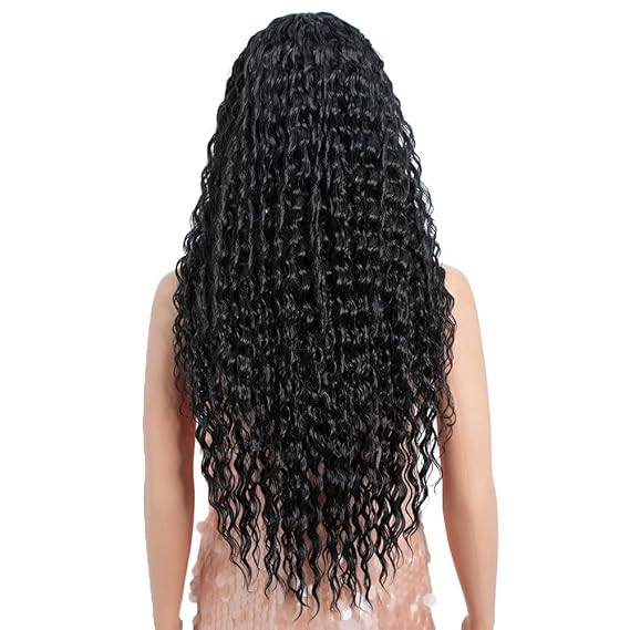 Style Icon 30 Long Curly Wavy Wig Middle Part Lace Front Synthetic Bio-Chic Curly Black Wig (Color: C1B)