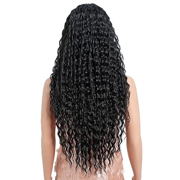Style Icon 30 Long Curly Wavy Wig Middle Part Lace Front Synthetic Bio-Chic Curly Black Wig (Color: C1B)