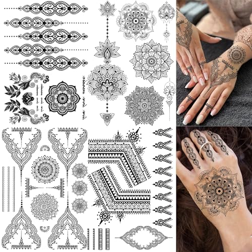 4 Sheets Vintage India Sexy Lace Black Mandala Flower Temporary Tattoos For Women Hand Finger Girls Adults Sets Kits, Wedding Bridal Fake Jewels Tattoo Sticker Lotus Stencils, Party Favor Supplies