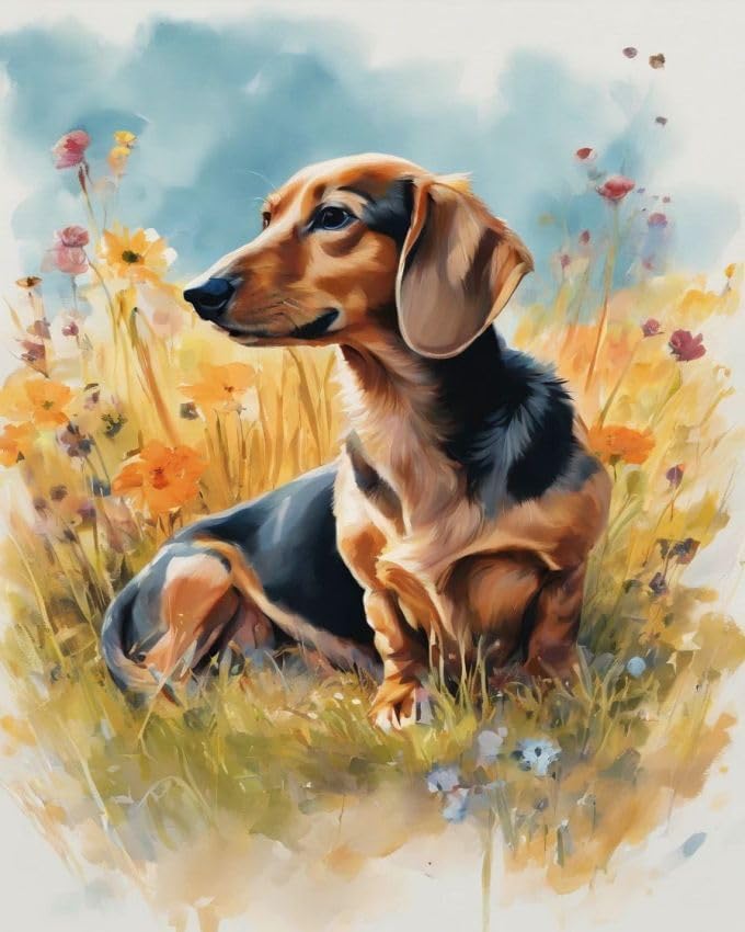 ZMHZMY Paint by Numbers Kit for Adults,Dachshund on Flower Lawn,Paintings for Home Toys and Games,40x50cm Without Frame