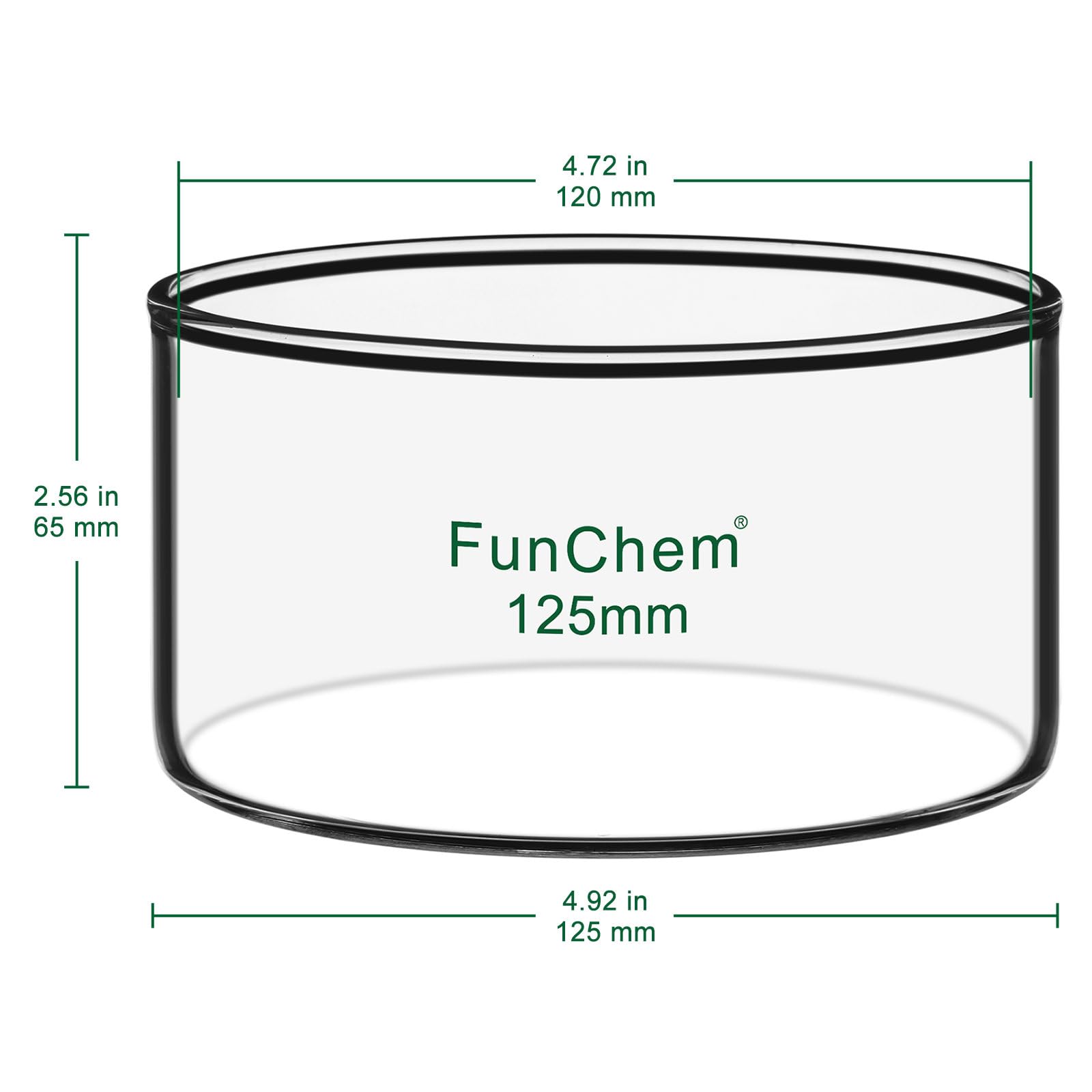 FunChem Kristallisierschale Aus Borosilikatglas Ohne Ausguss für Verdampfung Und Kristallisation, Außendurchmesser 125 Mm, 500 ml Laborkristallisator mit Flachem Boden