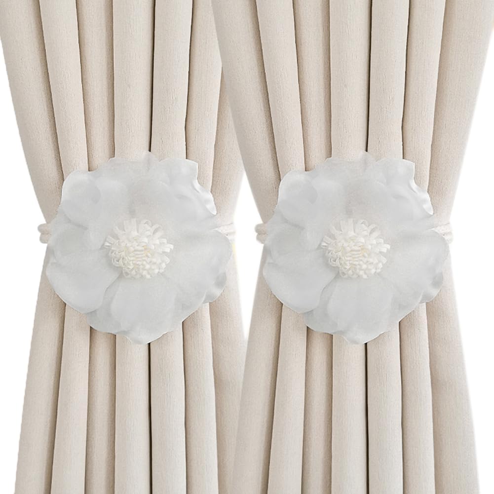 Window Holdbacks，Wooden Curtain Buckle ，1 Pair Adjustable Curtain Tiebacks Rope Flower Decorative Curtains Tie Back Creative Curtain Rope Holdbacks(Jujube Red)