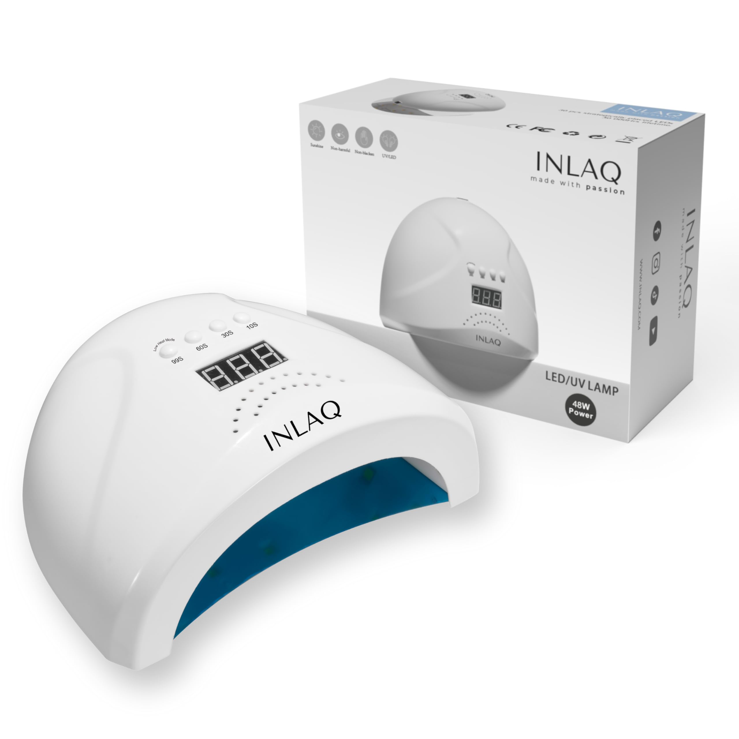 INLAQ® Lámpara de Uñas Dual UV/LED 48W - Lámpara Secadora UV Uñas con 4 temporizadores 10/30/60/99s - Pantalla LCD - Lámpara de uñas LED UV blanca con sensor de movimiento