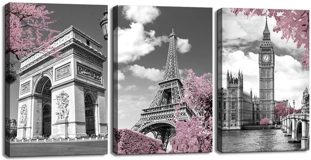 Bedroom Decor Wall Art for Living Room Wall Decor for Bedroom Bathroom Paris Pink for Women Posters for Teen Girls Room Eiffel Tower Decor London Big Ben Arc De Triomphe Decorations Black and White …