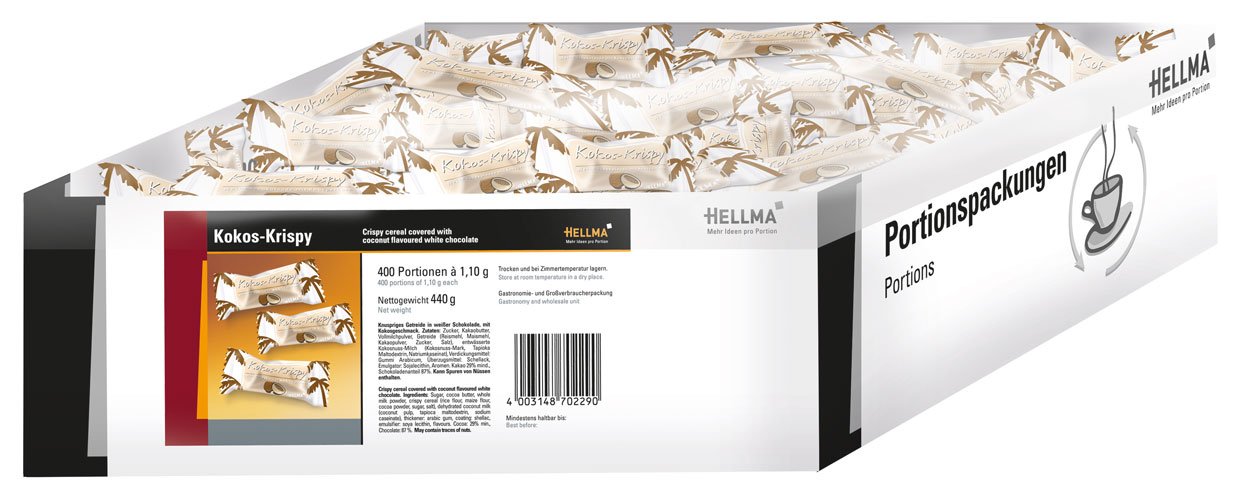 Hellma Kokos-Krispy, Weiße Schokolade mit Knusperkern, einzelverpackt - 400St. - 2x