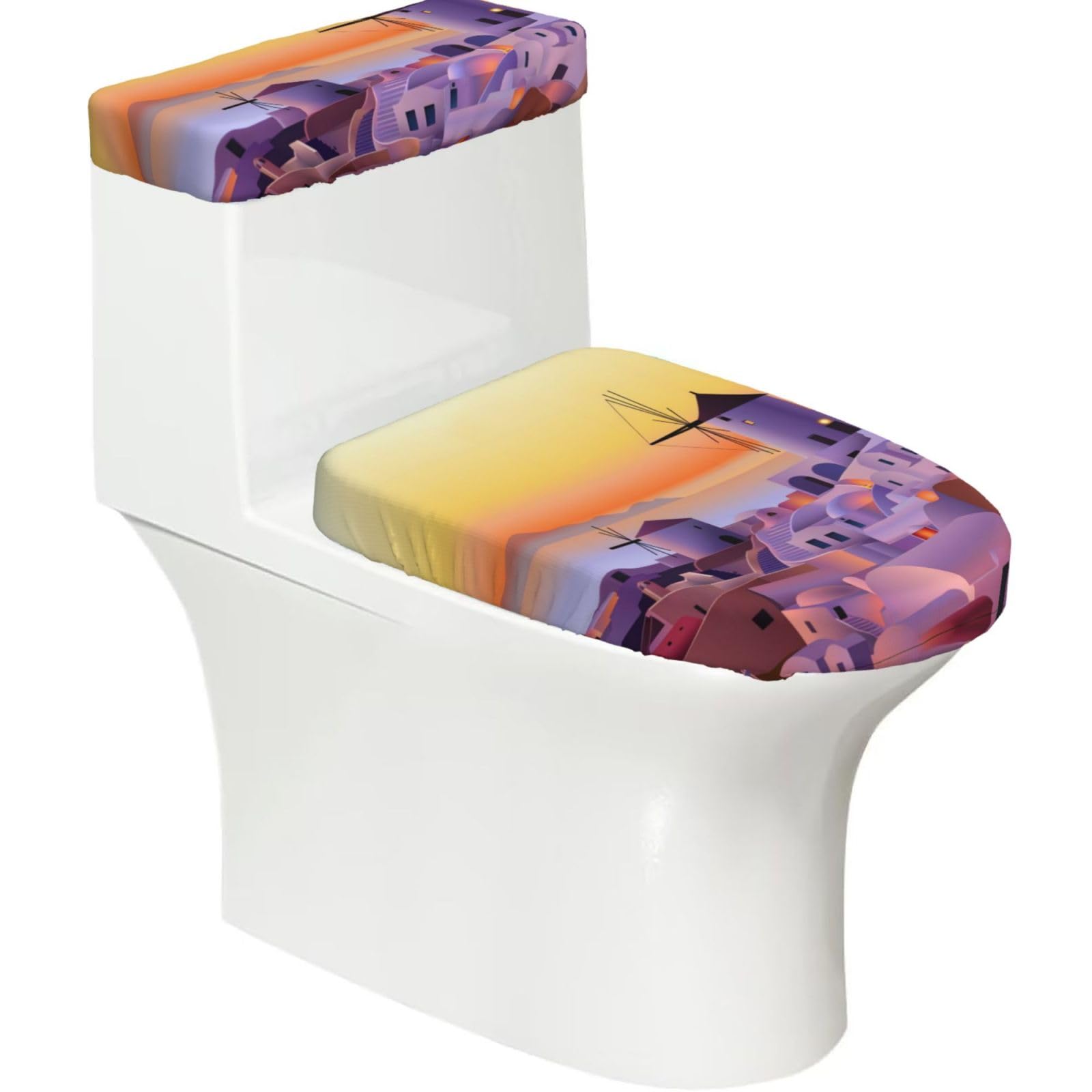 Wzycwb Black Greece Island Sunset Landscape 2-Piece Toilet Seat Cover Set With Tank Lid, Elastic Fit For U-Shape & Elongated Toilets, Bathroom Decor, Housewarming Gift