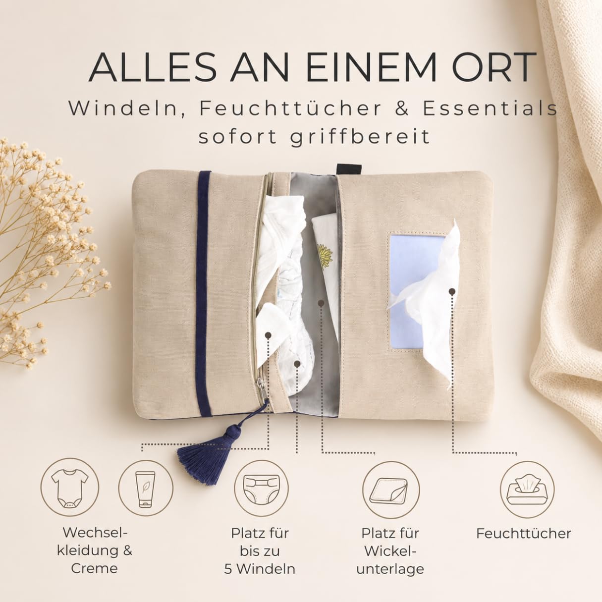Karolini® Windeltasche Organizer Dunkelblau für unterwegs – kompakte Wickeltasche aus Cord (Bio Baumwolle GOTS) mit Feuchttuchfach, für Handtasche & Kinderwagen