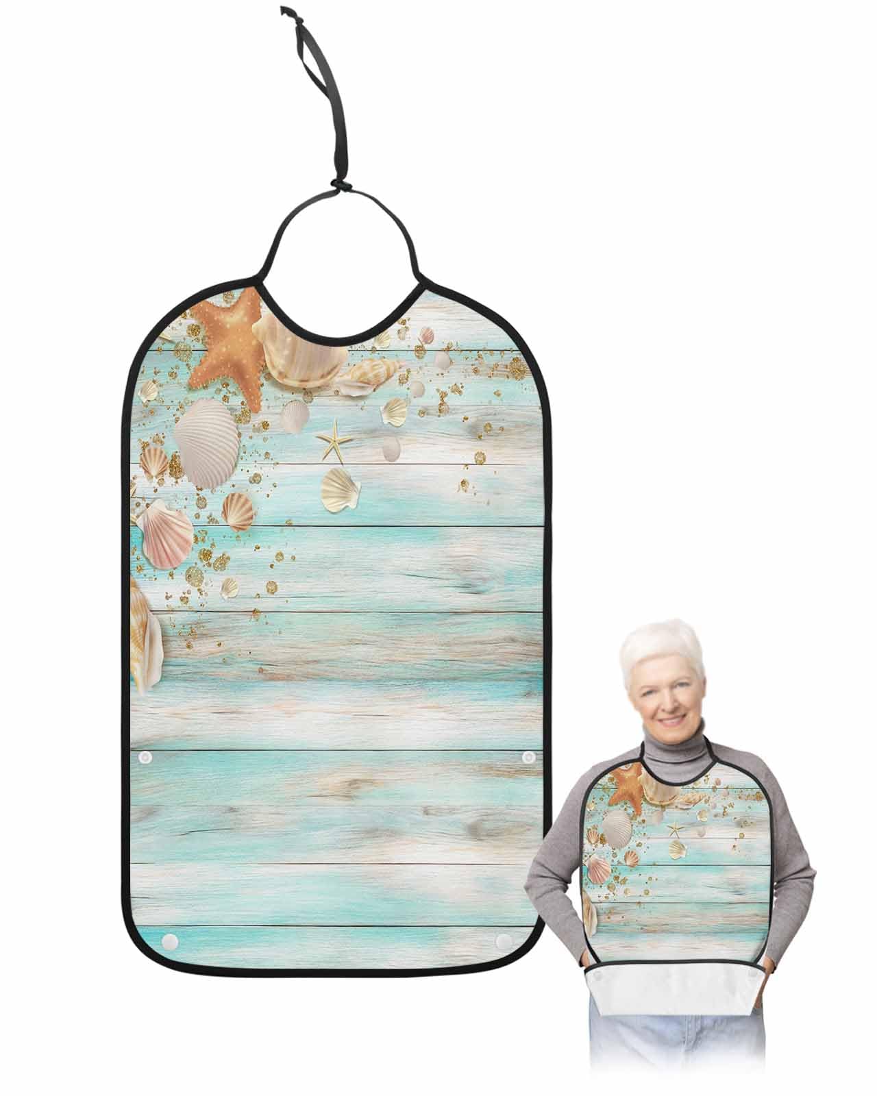 LEOKOTI Aqua Coastal Adult Bibs for Eating, Waterproof Bibs with Food Catcher & Adjustable Snap Closure, Summer Beach Starfish Shell Vintage Wood Washable Clothing Protectors Adult Bibs for Elderly