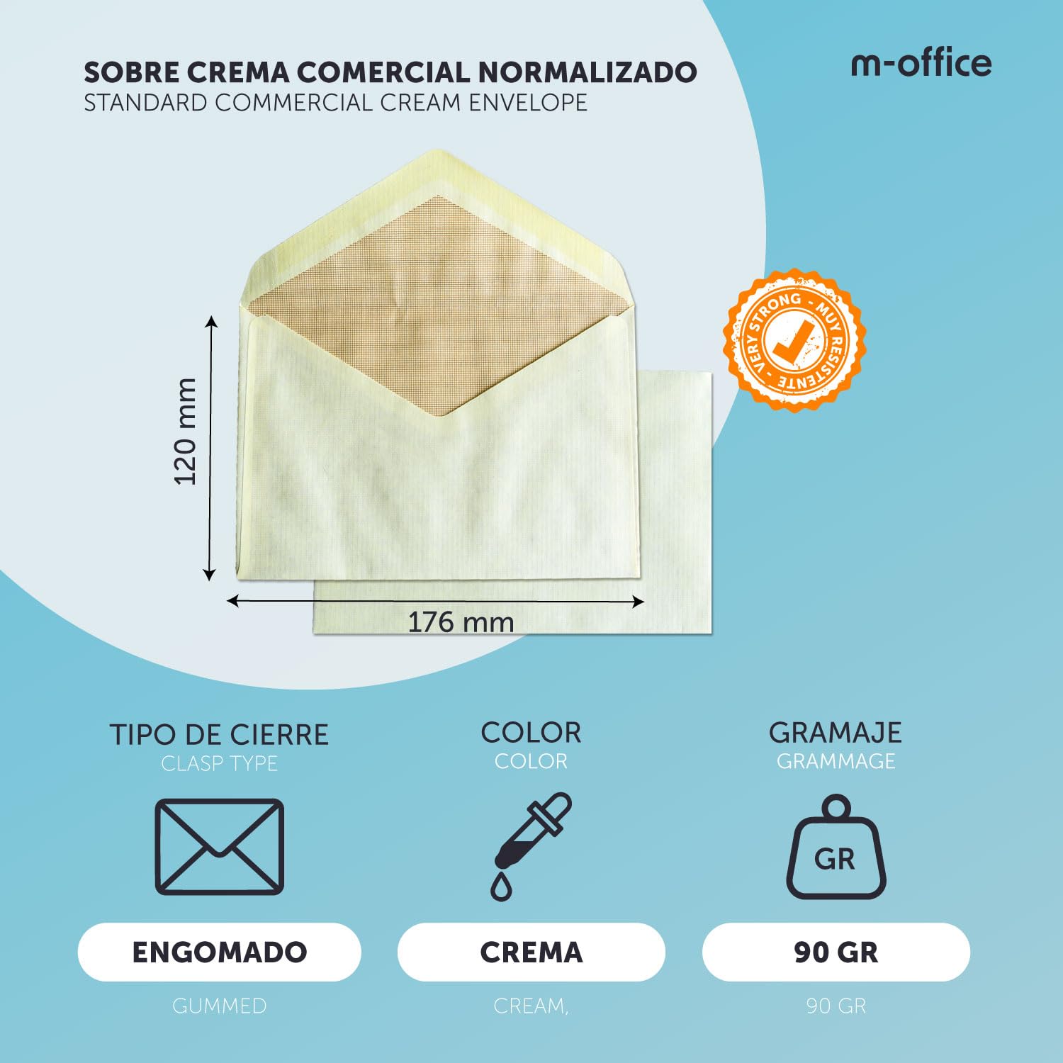 Sobres de Papel, Sobre de Color Crema, Tamaño Comercial Normalizado 120 x 176 mm, Sobre de Papel de Cierre Engomado para Invitaciones, Envíos o Almacenaje · m-office (1000 uds, 120x176mm)