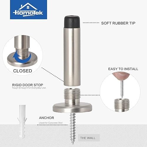 Miniatura 2 de HOMOTEK Paquete de 2 topes rígidos sólidos y resistentes para puertas amortiguadoras de sonido con punta de goma suave, protector de pared de zinc