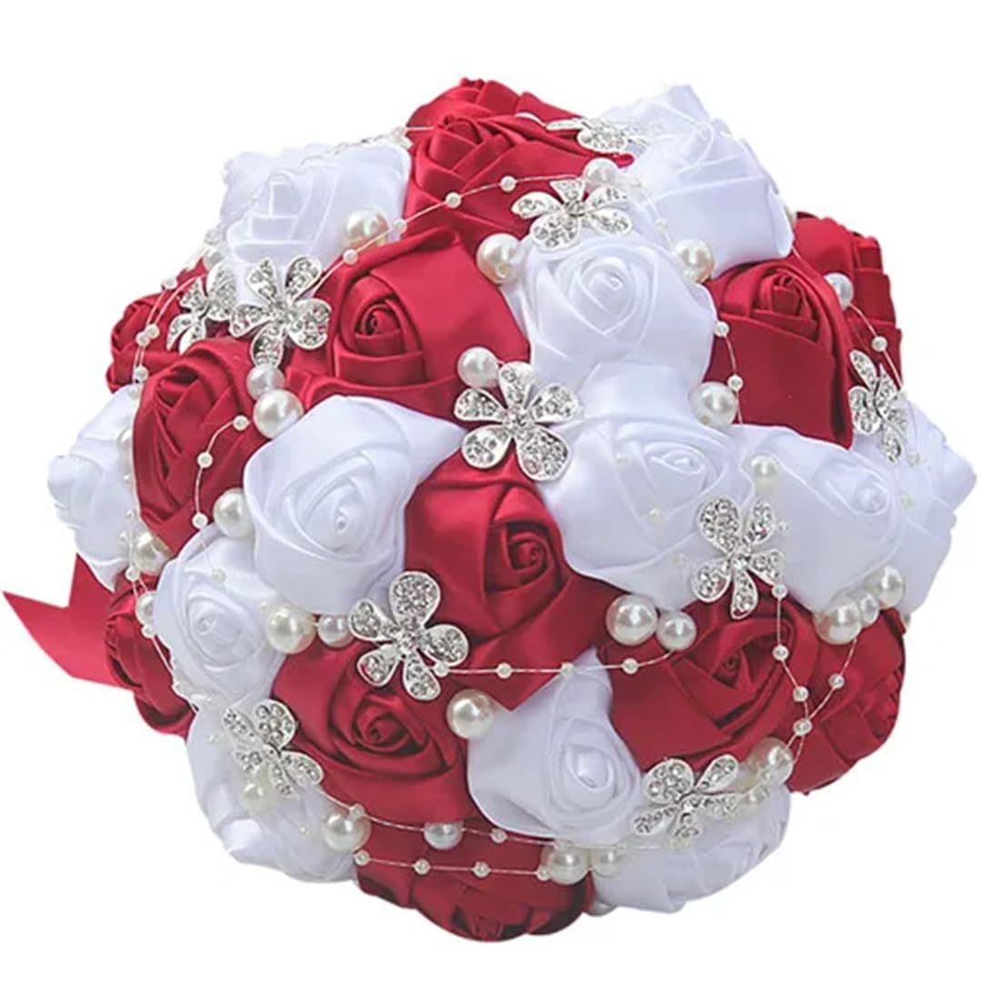 HJRegaFimu Silk Artificial Flower Bridal Bouquets Crystal Pearls Bridesmaid Wedding 18cm Ivory
