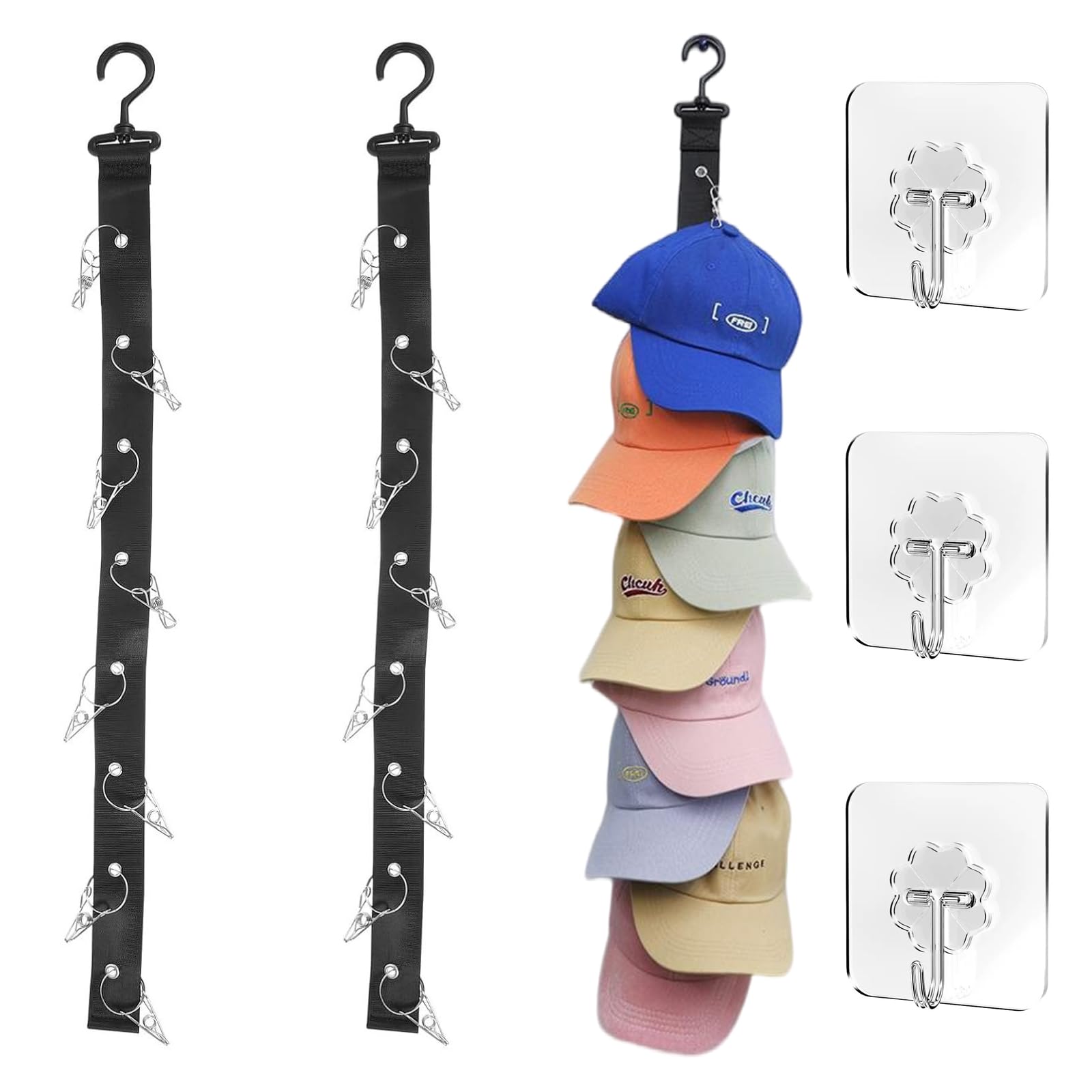 YDAKGUEY Baseball Cap Storage Black, 3 Pcs Hat Holder Rack with 8 Stainless Steel Clips & Self-Adhesive Hooks, Cap Organiser for Door Closet Storage Display(70cm Long)