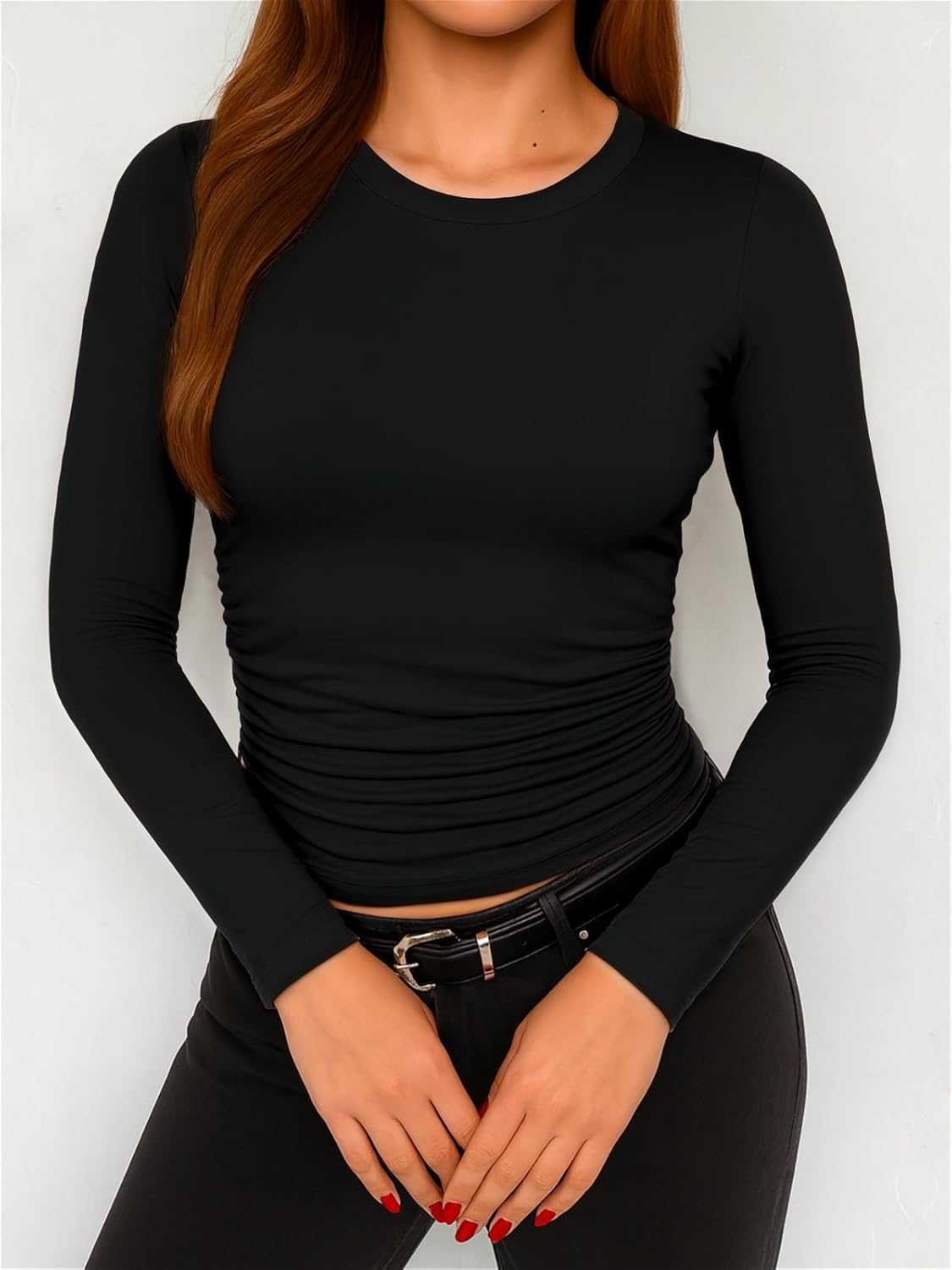 ForeFair Womens Long Sleeve Shirts Ruched Basic Going Out Tops Crew Neck Fall Winter Tee Casual Clothes - Image 2