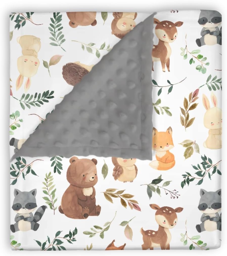 Mink Baby Boy Girl Blanket Woods Forest Animal Friends, Gray Bear Deer Owl Fox Soft Double Layer Dotted Backing Receiving Swaddle, Newborn Infant Toddler Nursery Crib Bedding Shower Gift 30×40