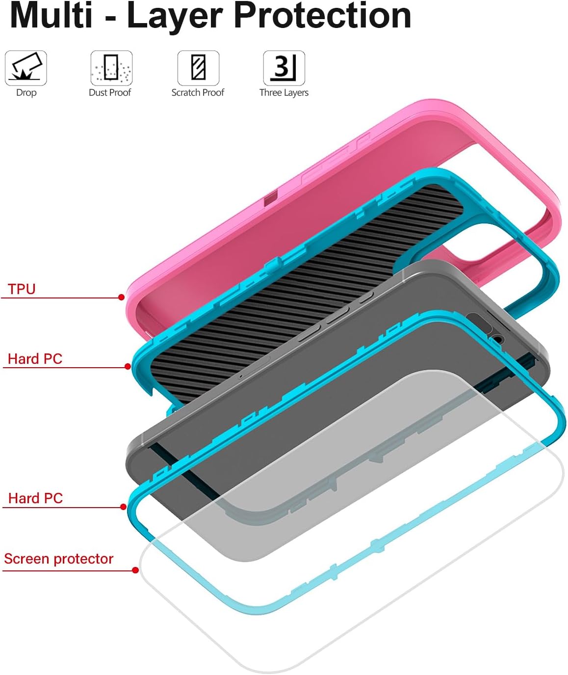 for iPhone 16 Pro Max Case (6.9"), with 2 Tempered Glass Screen Protector [Heavy Duty Military-Grade Full Body Drop Protection] Shockproof Tough Durable 6.9 Inch(PinkBlue) - Image 3