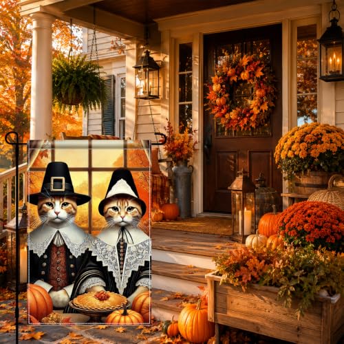 Image of BlissYard Fall Garden Flag 12x18 Inch Cat Pumpkin Thanksgiving Decor | Double sided polyester, fall pilgrim cat pumpkin design, cozy cat lover decor for Thanksgiving porch and yard