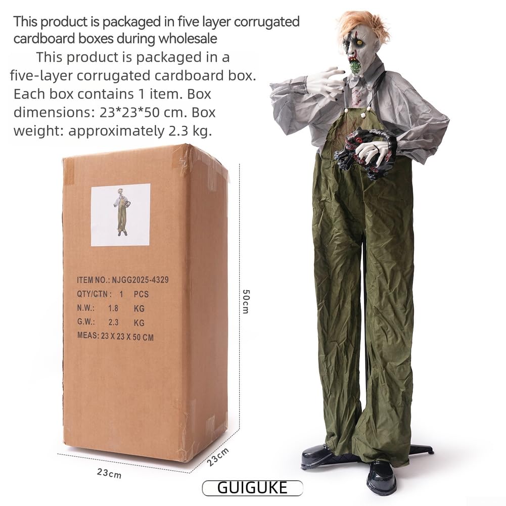 Zombi animado de Halloween con sensor de movimiento, figura de terror de cabeza giratoria de 190 cm de alto, ojos brillantes y efectos de sonido espeluznantes, tamaño real para decoración de patio al