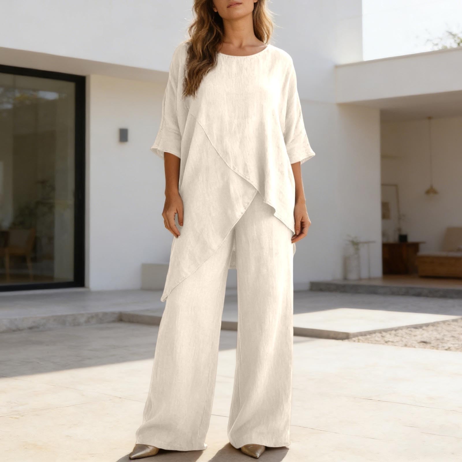 Generisch Conjunto de 2 piezas para mujer, color negro, manga 3/4 con cuello redondo, pantalones anchos, dobladillo asimétrico, juego de lino, elegante para el hogar, traje de madrina para boda