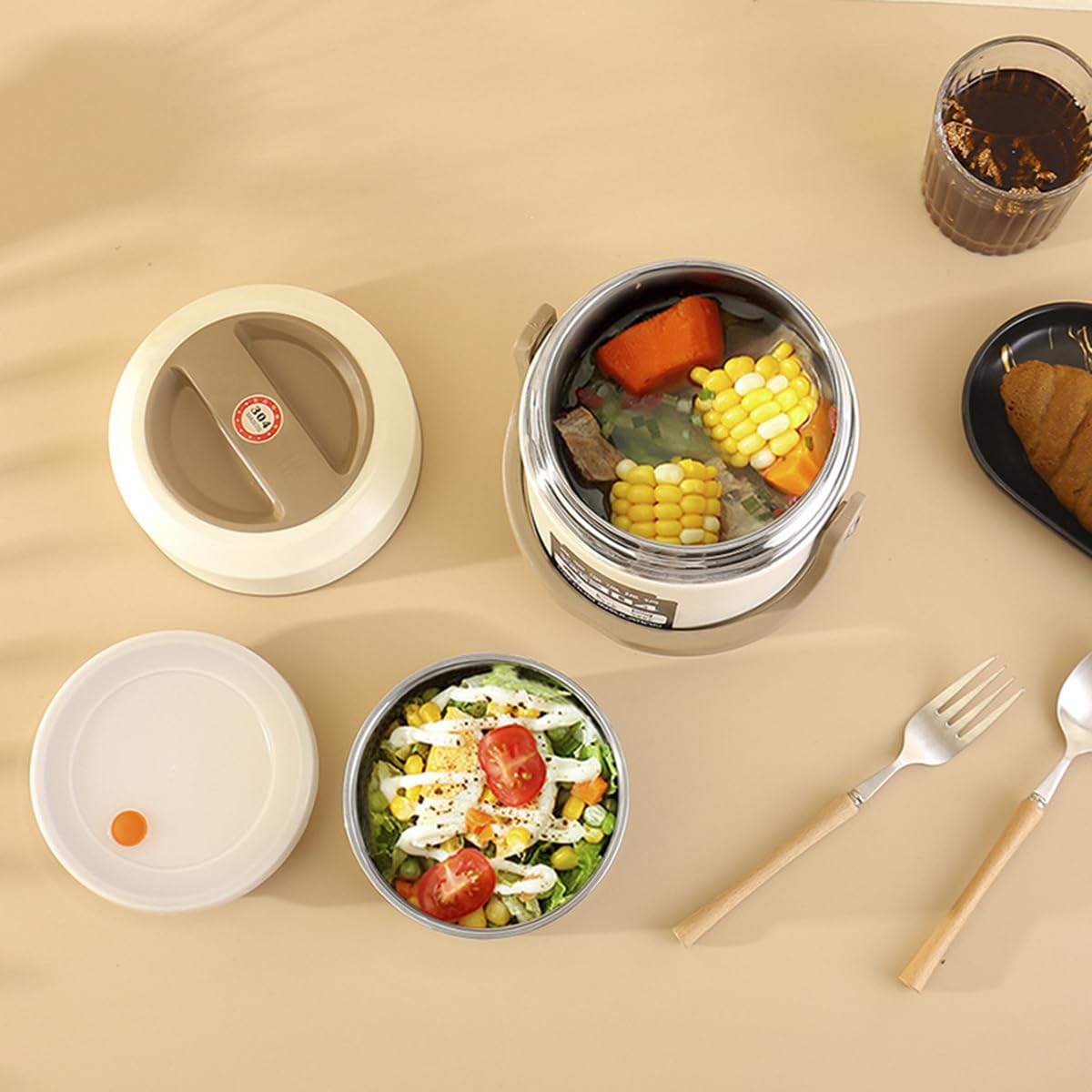 LANMOU Fiambrera Térmica de Acero Inoxidable de 3 Capas a Prueba de Fugas Fiambrera Bento con Asa para Niños Adultos, Frascos para Comida Fría o Caliente