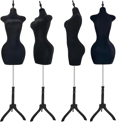 Miniatura 2 de KTMANEQ Torso de maniquí femenino con curvas ajustables con soporte, forma de vestido pinable para ropa (negro, terciopelo)
