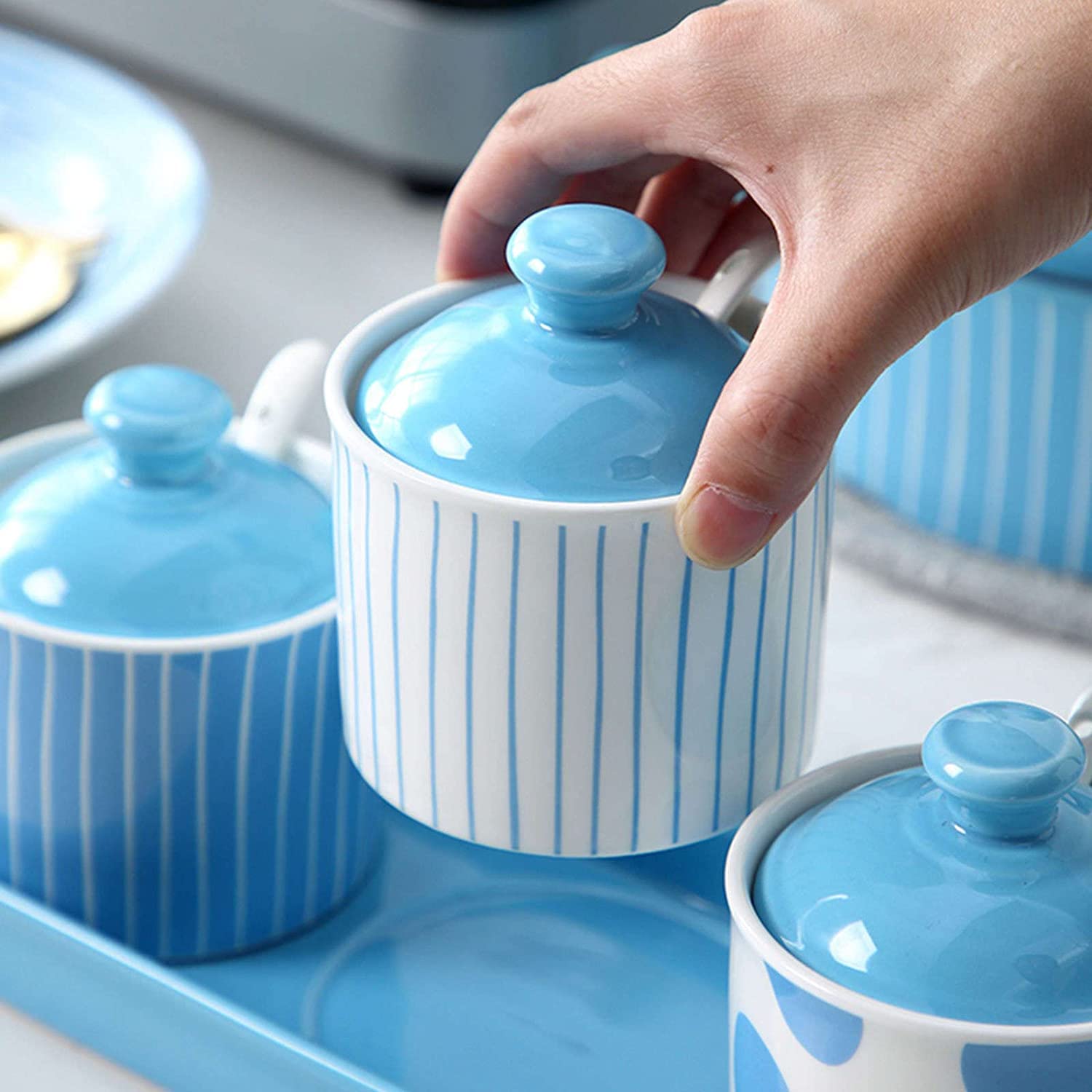 Sucrier bleu en céramique avec couvercle - Pot de rangement pour sucre de cuisine - Pot à sucre rouge pour café et thé - Pot à épices - Pot à sel - Pot à sucre - Pot à sucre - 250 ml