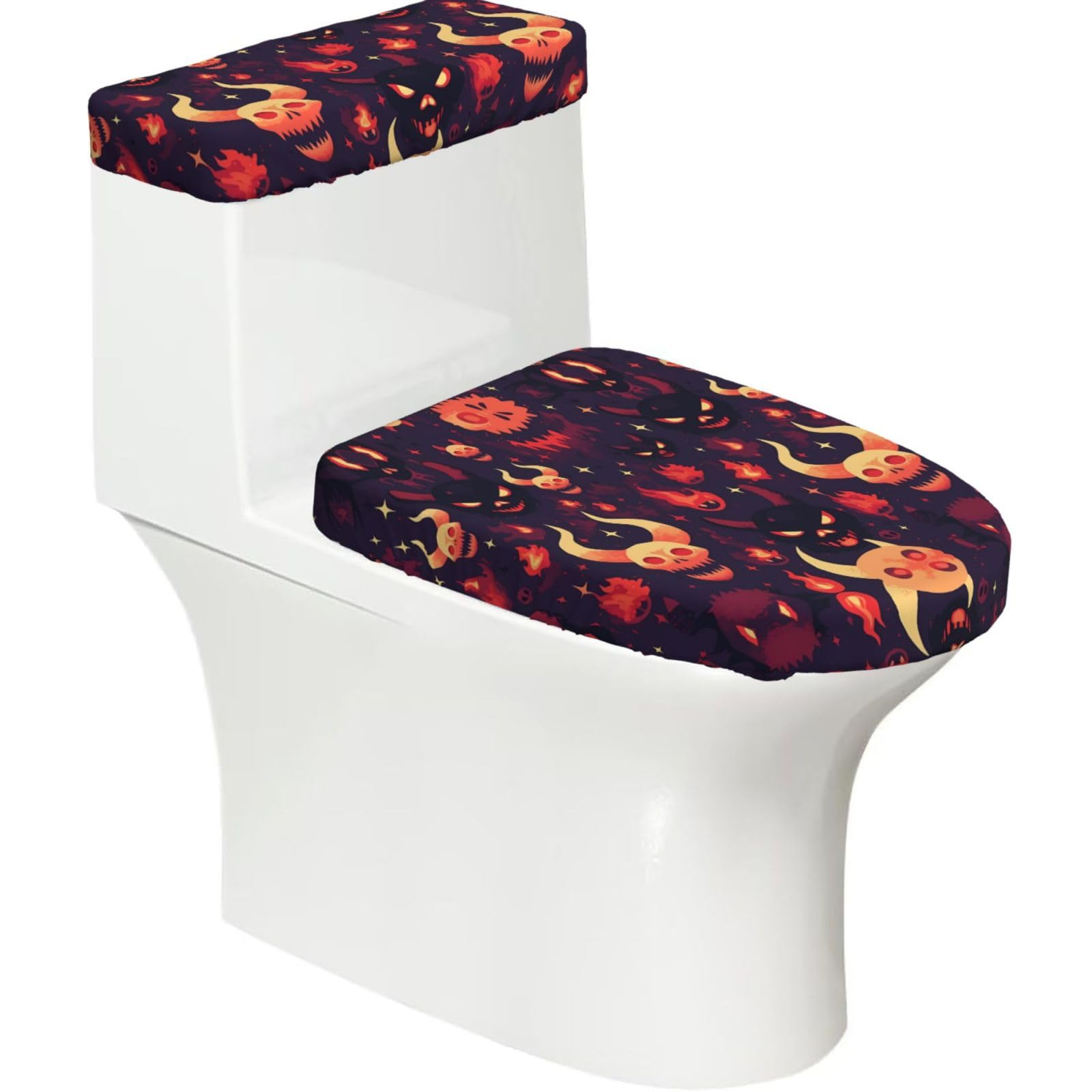 Horned Skull 2-Piece Toilet Seat Cover Set with Tank Lid - Elastic for U-Shape & Elongated - Bathroom Decor